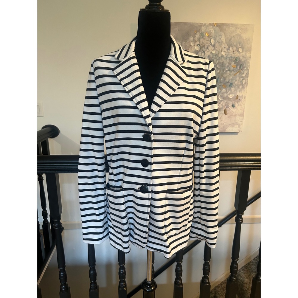 Lynn Ritchie Silver Womens Striped Knit Blazer Jacket Black White Size S